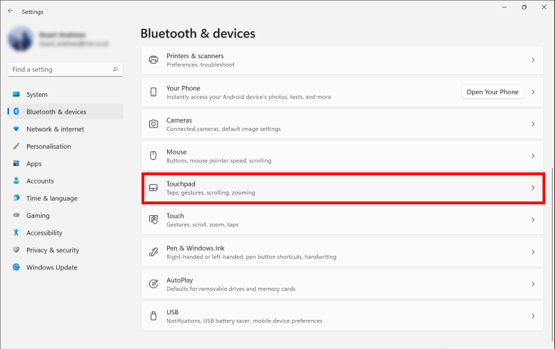Click on Bluetooth & devices and select Touchpad from the column on the right